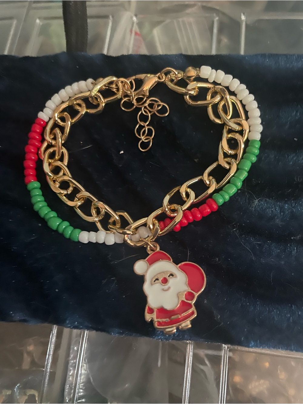 Festive Santa Charm Beaded Gold Bracelet - Red, Green & White